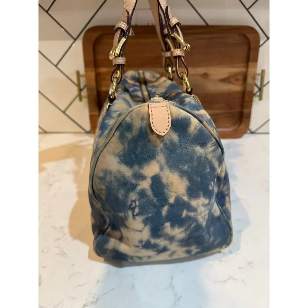 Michael Kors blue beige tie-dye Grayson satchel tan leather trim gold hardware